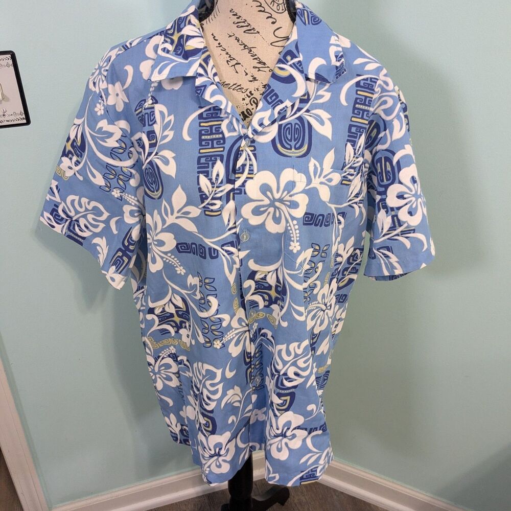 Howie Hawaiian Shirt Blue Flower Geometric Palm Leaves 1970s Mens large